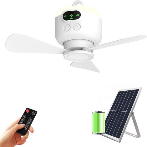 1 Ventilateur de plafond, Panneau solaire 30W, Batterie 20000mAh, Télécommande 2.4GHz, Minuterie, Pour patio, camping