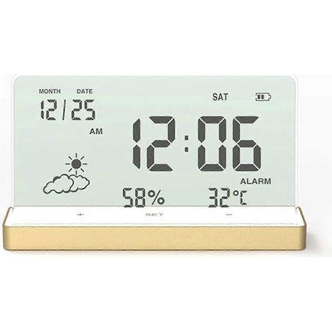 Réveil électronique doré avec affichage de la température, de l'humidité et de la date (1/5)