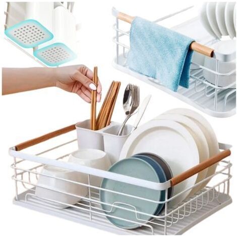 Égouttoir à vaisselle sur pied blanc pour évier, assiettes et couverts, avec plateau amovible, métal et plastique (1/5)