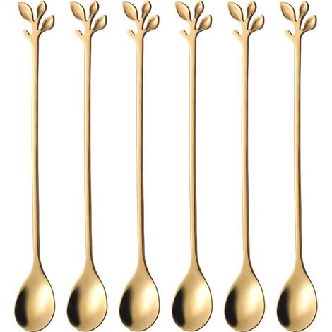 6 lange, ovale Löffel – Latte Macchiato – Dessertlöffel-Set – 18,6 cm – Eiscremelöffel – Teelöffel – Blattförmiger Griff – Gold (1/5)