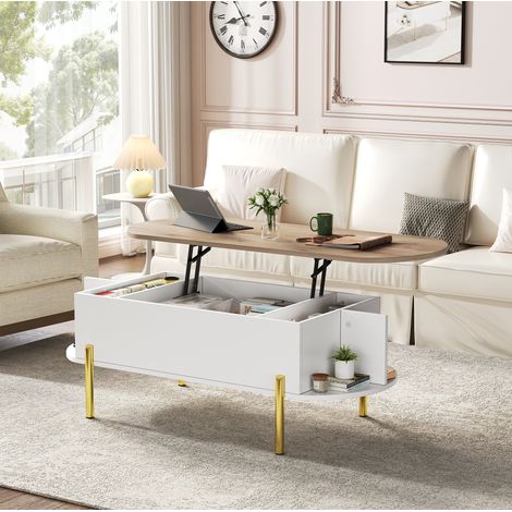 Table basse 120x50x43 cm blanc et bois, plateau relevable, rangement caché, MDF MEUBLIV (1/5)