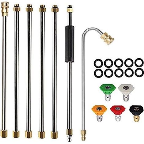 Ensemble de baguette d'extension pour nettoyeur haute pression, outil de nettoyage de gouttière avec 5 embouts de buse,10 anneaux anti-fuite,4000 psi,pour nettoyeur haute pression (1/4)