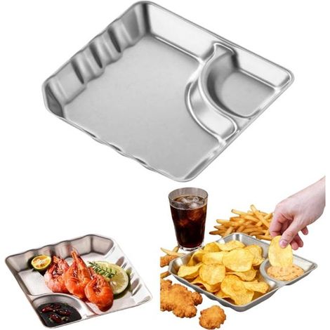 Ciotola per salse per patatine fritte, alzata per torte, piatto da portata per snack, piatto in acciaio inox, piatto multifunzionale, piatto per patatine con scomparti, leggero (1/5)