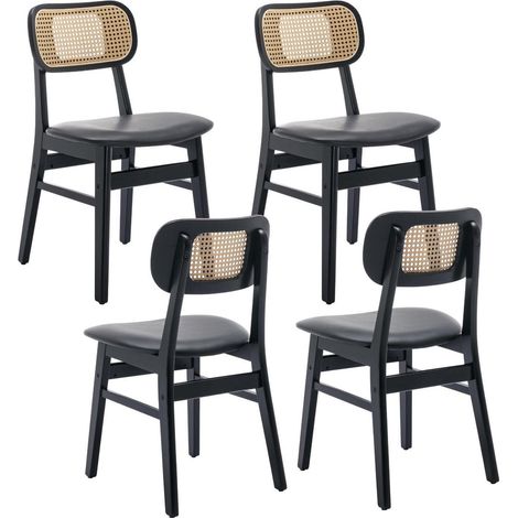 Esszimmerstühle 4er Set Holz mit Rattan Rückenlehne, PU Leder Sitz, Schwarz (1/5)