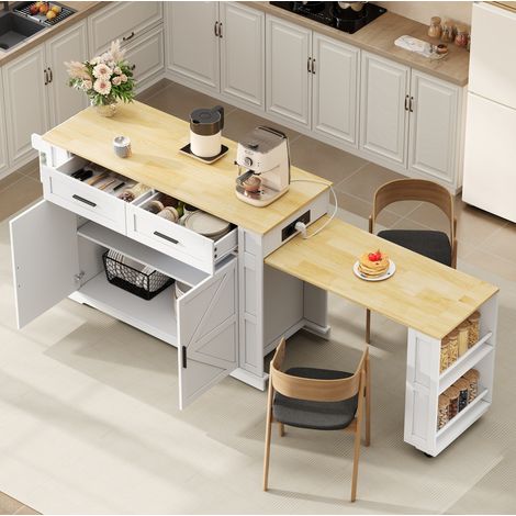 Kücheninsel mit ausziehbarer Arbeitsplatte 130 x 50 x 93 cm, USB-Anschlüsse, weiß HAVRYA (1/5)