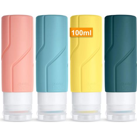 Botellas de viaje para avión, 4 unidades de 100 ml, envases de silicona a prueba de fugas, kit de artículos de aseo, botellas pequeñas vacías, accesorio de viaje para champú, loción, gel de ducha, cre (1/5)