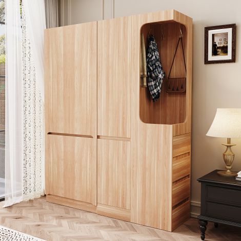 Grande armoire (140 x 40 x 170 cm) avec tiroirs, compartiments de rangement et espace penderie ouvert incluant un rangement intégré (à droite) finition effet bois. (1/5)