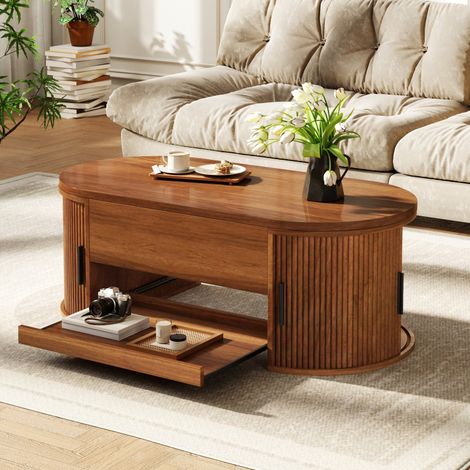 Table basse 110x55x55 cm réglable en hauteur, avec espace de rangement dissimulé et porte latérale coulissante, couleur noyer (1/5)