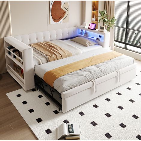 Divano letto 90/180x190 cm beige, rivestimento in flanella con LED e vano portaoggetti (1/5)