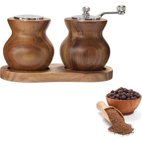 Moulin à poivre manuel - Marron - Moulin à poivre à manivelle en bois - Fonctions combinées : broyage et salage - Socle inclus - Taille de mouture réglable (1/5)