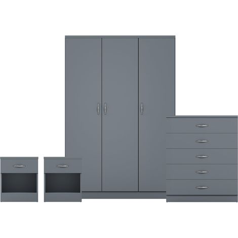 Riano 4 Piece Bedroom Set (1 Drawer Bedside Chest, 5 Drawer Chest, 3 Door Wardrobe), Grey (1/3)