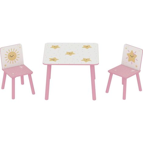Table enfant avec chaise, ensemble table et 2 chaises enfant en bois, motifs d\'étoile, 60 x 60 x 44 cm, rose (1/5)