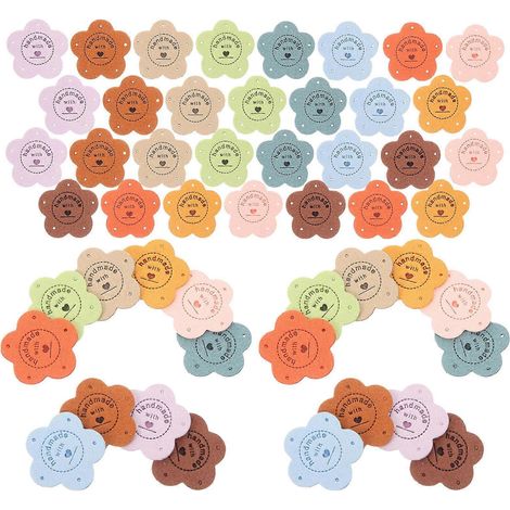 50 étiquettes en cuir faites main en forme de fleur, à coudre ou à coudre. (1/5)