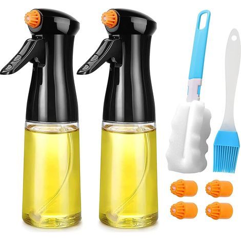 Spray de aceite de cocina de 200 ml, paquete de 2 pulverizadores de aceite y vinagre con brocha, pulverizador de aceite y zumo para barbacoa, cocina, ensalada, negro (1/5)