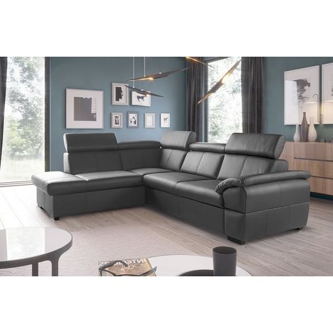 - Canapé d'angle convertible en cuir italien de luxe 5/6 places TONY, avec coffre, gris foncé, angle gauche (1/4)