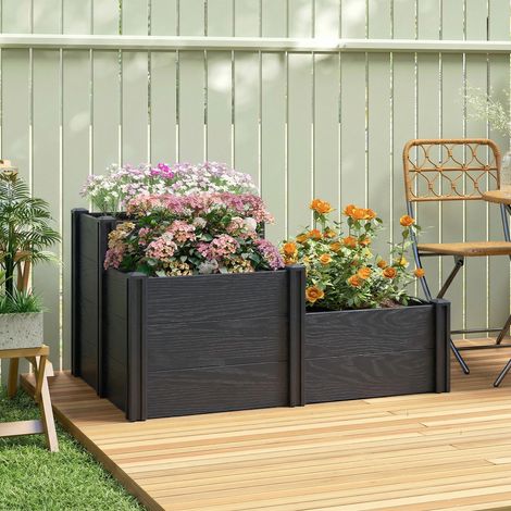 Jardinière surélevée, lit de jardin à 3 niveaux avec fond ouvert pour fleurs, légumes, 120 x 80 x 64 cm, effet bois gris (1/5)