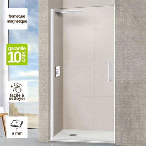 Porte de douche pivotante gauche - Paroi de douche L.80 x H195 cm - Verre trempé 6mm transparent anti calcaire - Blanc Mat - SUPERBAN (1/5)