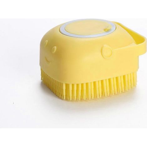 Brosse de massage pour le bain et le toilettage des animaux de compagnie avec distributeur de savon et de shampoing, poils en silicone souple pour chiens et chats à poils longs et courts (Jaune) (1/5)