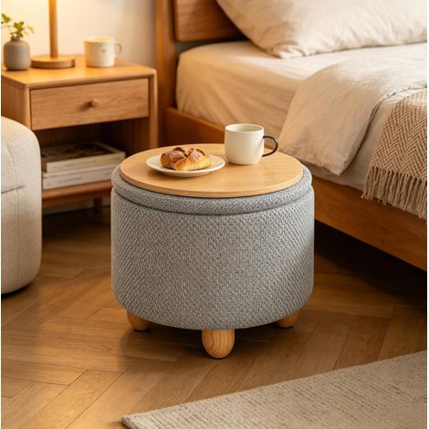 Taburete redondo con almacenaje 39x39x33 cm gris claro con bandeja reversible MEUBLIV (1/5)