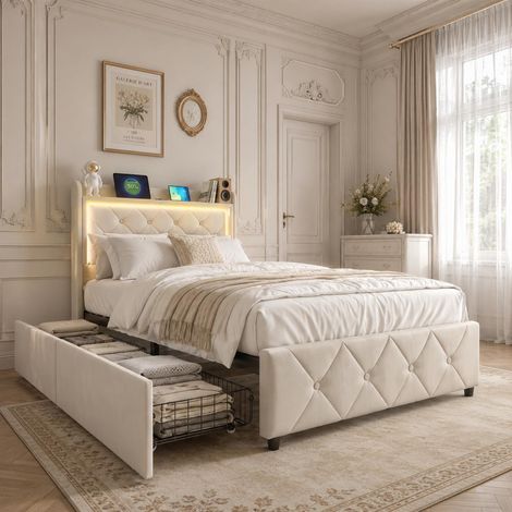 Einzelbett 90x200 cm mit 2 Schubladen, Kopfteil mit Stauraum, modernes Bett mit USB-/Type-C-Ladeanschlüssen und RGB-LED, Samtbezug, Beige (1/5)