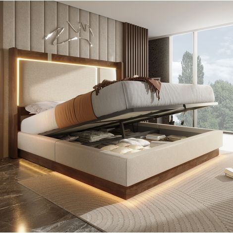 Lit coffre 180x200 cm beige et noyer en lin et bois avec sommier à lattes et éclairage LED (1/5)