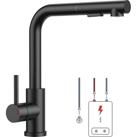 Robinet Cuisine Basse Pression, Robinet Evier Extractible en Forme L, Mitigeur Cuisine 3 Raccords pour Chauffe-eau ou Sous-évier, 2 Jets, Rotation 360°, Noir Mat, Pression (1/5)