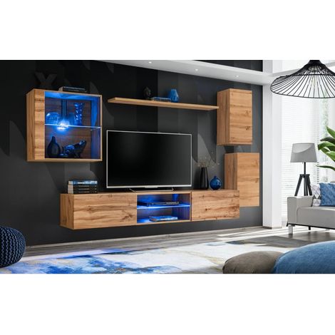 Ensemble meuble TV mural Switch XXIII - L 250 x P 40 x H 140 cm - Marron - Livraison gratuite