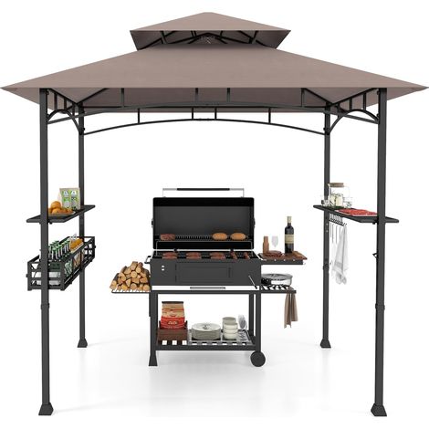 COSTWAY Gazebo per Barbecue, Pergola per BBQ con 2 Ripiani Laterali, Cestino, Ganci Appendiutensili, Apribottiglie, Copertura a 2 Livelli, per Giardino e Cortile, 242 x 153 x 250 cm (Marrone) (1/5)