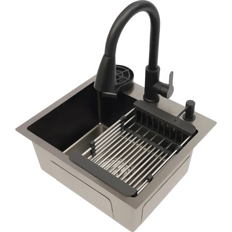 Évier de cuisine combiné, robinet escamotable, rince-tasse, noir (1/2)