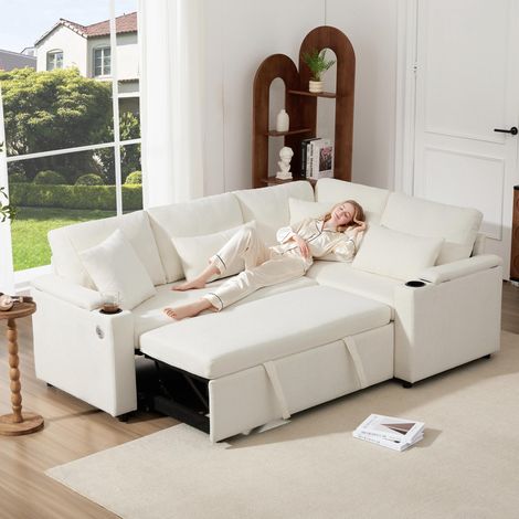 Canapé d'angle extensible en forme de L, convertible en méridienne, avec rangements, porte-gobelets, ports de chargement USB, (1/5)