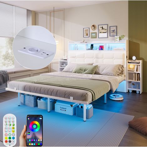 Letto matrimoniale in metallo bianco 140x190 cm con rete a doghe, LED, stazione di ricarica e 2 comodini estraibili (1/5)