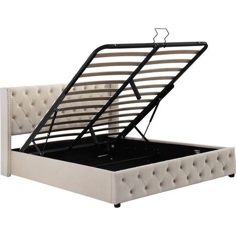 Cama con canapé tapizada en terciopelo beige 140 x 200 cm con somier elevable hidráulico HOMVRA (1/5)
