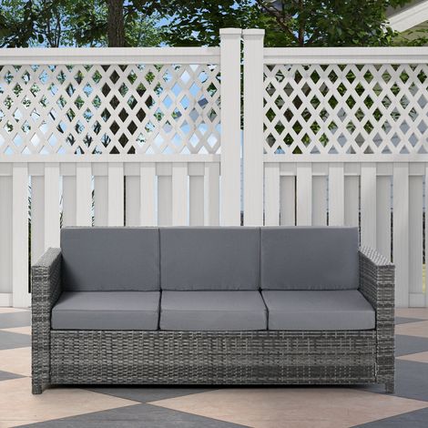 Sofá de exterior de 3 plazas en ratán sintético PE y metal con cojines de asiento y respaldo, 185x70x80 cm, gris. (1/5)