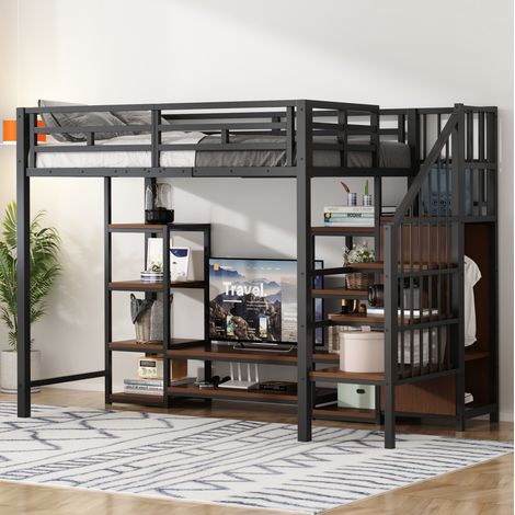 DESVIAE Lit mezzanine 90 x 200 avec support TV prise électrique échelle de rangement sécurisée métal et MDF noir gain de place moderne (1/4)