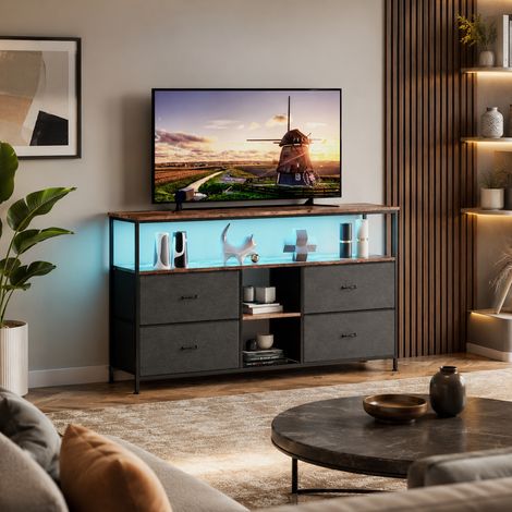 Meuble TV 108×30×77cm, lumières LED,armoire TV pour salon, 4 tiroirs en tissu, multifonctionnel, banc TV, style moderne, étagères ouvertes, grande capacité, pieds réglables, cadre en métal, Noir (1/5)