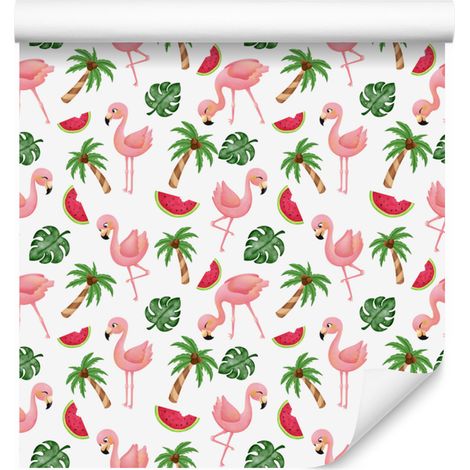 Papier peint flamants roses blanc, corail, vert et crème pour salon et chambre 50x1000 (1/5)