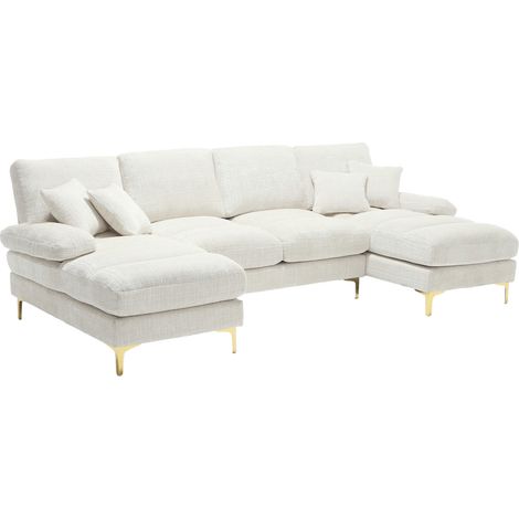Canapé d'angle U en tissu beige, 2 méridiennes, 4 coussins dossier, 2 coussins déco, pieds métalliques dorés, style moderne, 272 cm, pour salon spacieux CHICFURN (1/5)