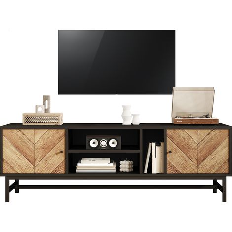 Meuble TV 150 cm noir et bois au design contrasté avec rangements variés, placards et compartiments horizontaux et verticaux, style moderne minimaliste