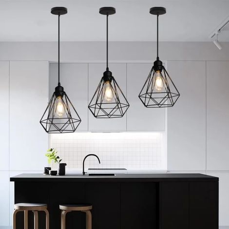 Lot de 2 Lampe Suspension Retro en Cage Diamant Salon Noir Lustre Luminaire Industrielle Style Vintage pour Chambre Cuisine (1/4)