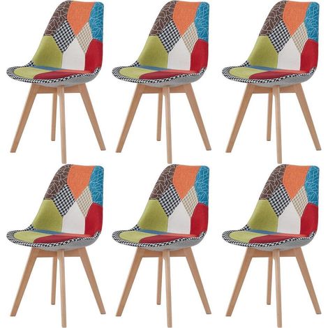 6er-Set Esszimmerstühle Patchwork Stoff mit Massivholzbeinen, gepolstert, Rot (1/5)
