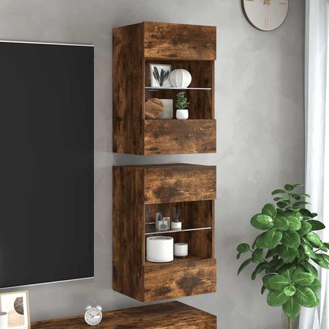 vidaXL Mobili da parete con luci LED per TV 2pz Rovere Fumo 40x30x60,5 cm (1/5)