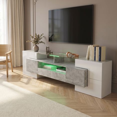 Meuble TV Moderne 200 cm avec Éclairage LED 6 Portes 2 Tiroirs Surface en Verre Banc TV Blanc Brillant et Gris (1/5)