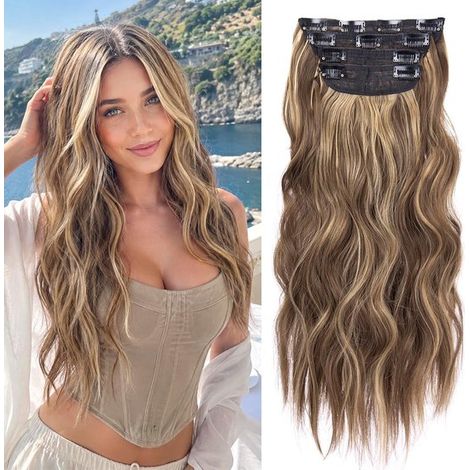 Lot de 4 extensions de cheveux à clips – 55 cm – Blond miel et brun clair – Ondulées – Synthétiques – Quotidien, fêtes, Halloween (1/5)