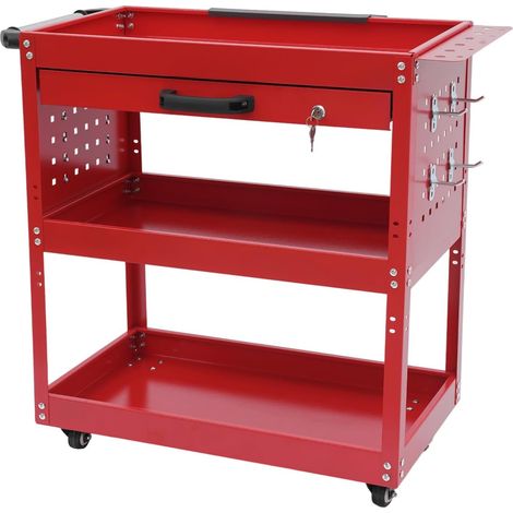 Chariot à outils roulé, Chariot d'atelier à 3 niveaux, rouge, en acier, avec roulettes, pour l'entretien de voitures, entrepôts, garages, studios, 77,6 x 81 x 35,66 cm, Capacité de charge de 250 kg