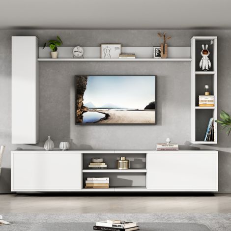 Ensemble mural TV 3 pièces — Éclairage LED, finition blanc brillant — Mobilier de salon — Composition murale blanche — Comprend : 1 meuble TV, 1 vitrine de salon, 1 étagère murale