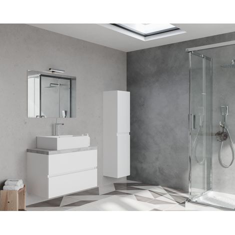 Hängender Badezimmerschrank 80 cm  aus glänzend weißem Holz und Betonplatte mit Waschbecken und Spiegel – Civo - Con specchio e lavabo rettangolare