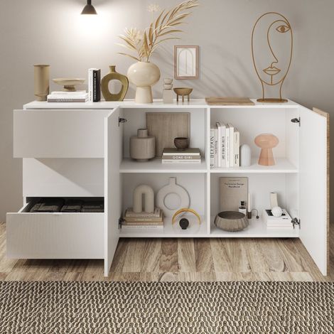Sideboard Busi, Kommode mit 2 Regalen, 3 Schubladen Made in Italy, 2 Türen, 181x44x84h cm Hochglanz Weiß (1/5)