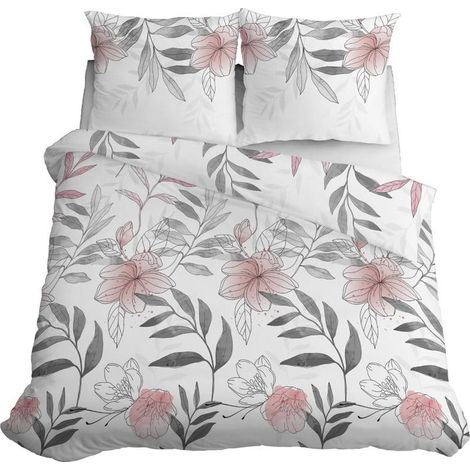 Parure de lit en satin 160x200 Fleurs Feuilles Pastel Clair (1/5)