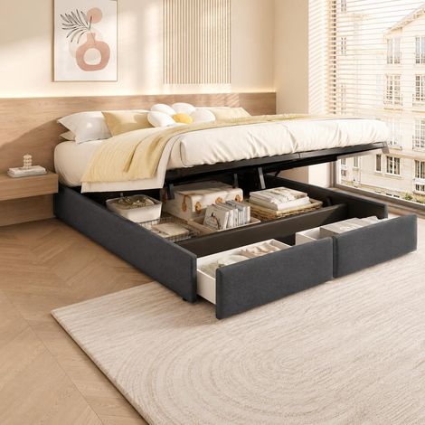 Stauraumbett 140x200 cm mit 2 Schubladen, gepolstertes Doppelbett ohne Kopfteil, minimalistisches Design aus Leinenstoff, Grau (1/5)