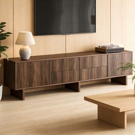 Mueble bajo para TV de hasta 75", 4 cajones y 2 puertas, madera de nogal oscuro, 180x40x56 cm (1/5)